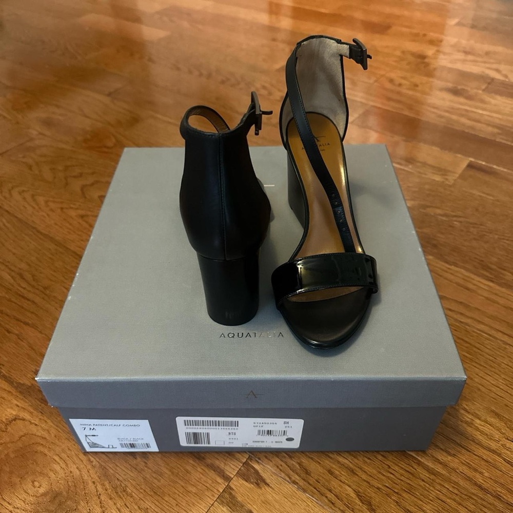 BRAND NEW
aquatalia black strap wedge heels 
size 7